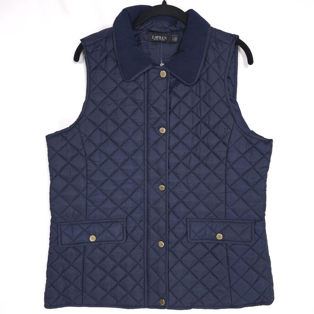 LAUREN RALPH LAUREN NWOT Navy Quilted Vest LARGE Snap Button‎ Front